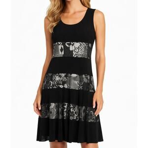 Joseph Ribkoff Midi Dress Black Lace Panel Jersey Stretch SZ M Designer Classic